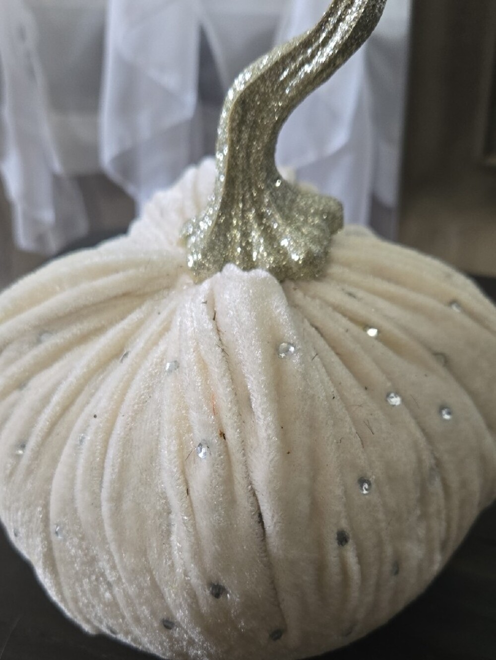 Velvet Cream Decorative Pumpkin with Glitter Stem - Picture 2 of 6